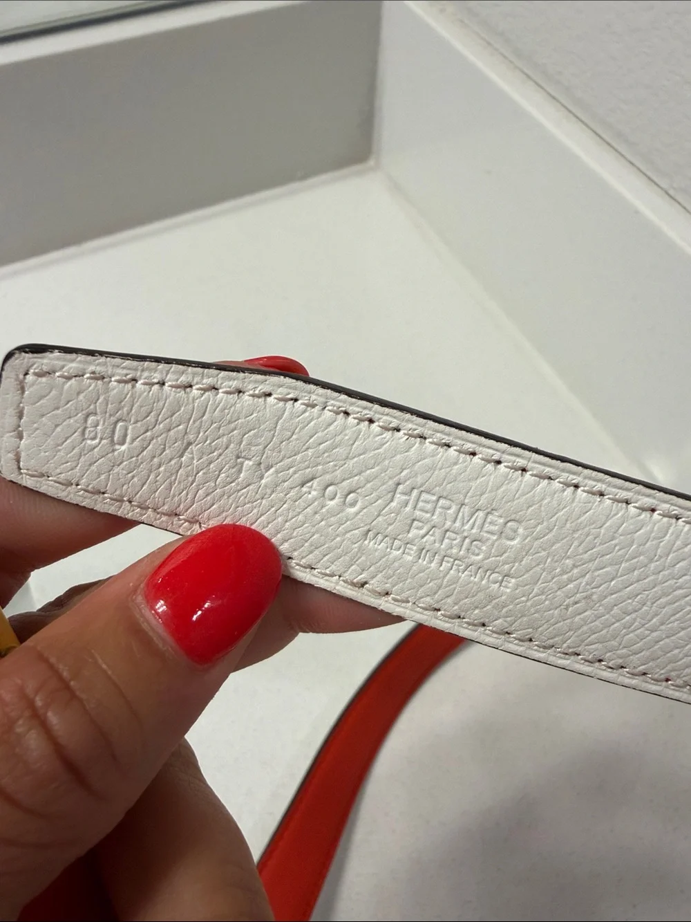 Hermes White and orange Leather Belt with Gold H Buckle SIZE 80